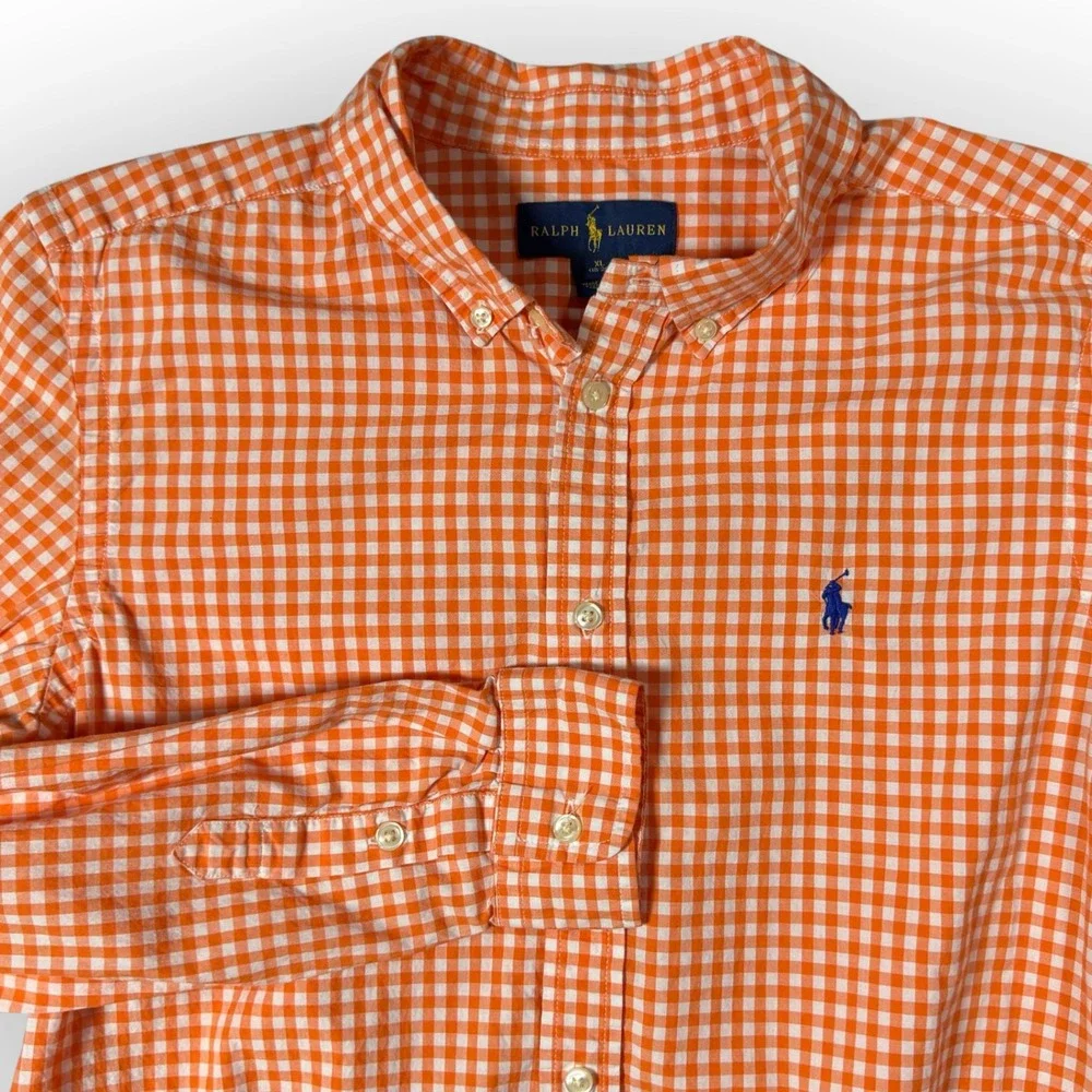 Ralph Lauren Kids XL Orange Gingham Check Cotton Button Dn Shirt Blue Pony Logo